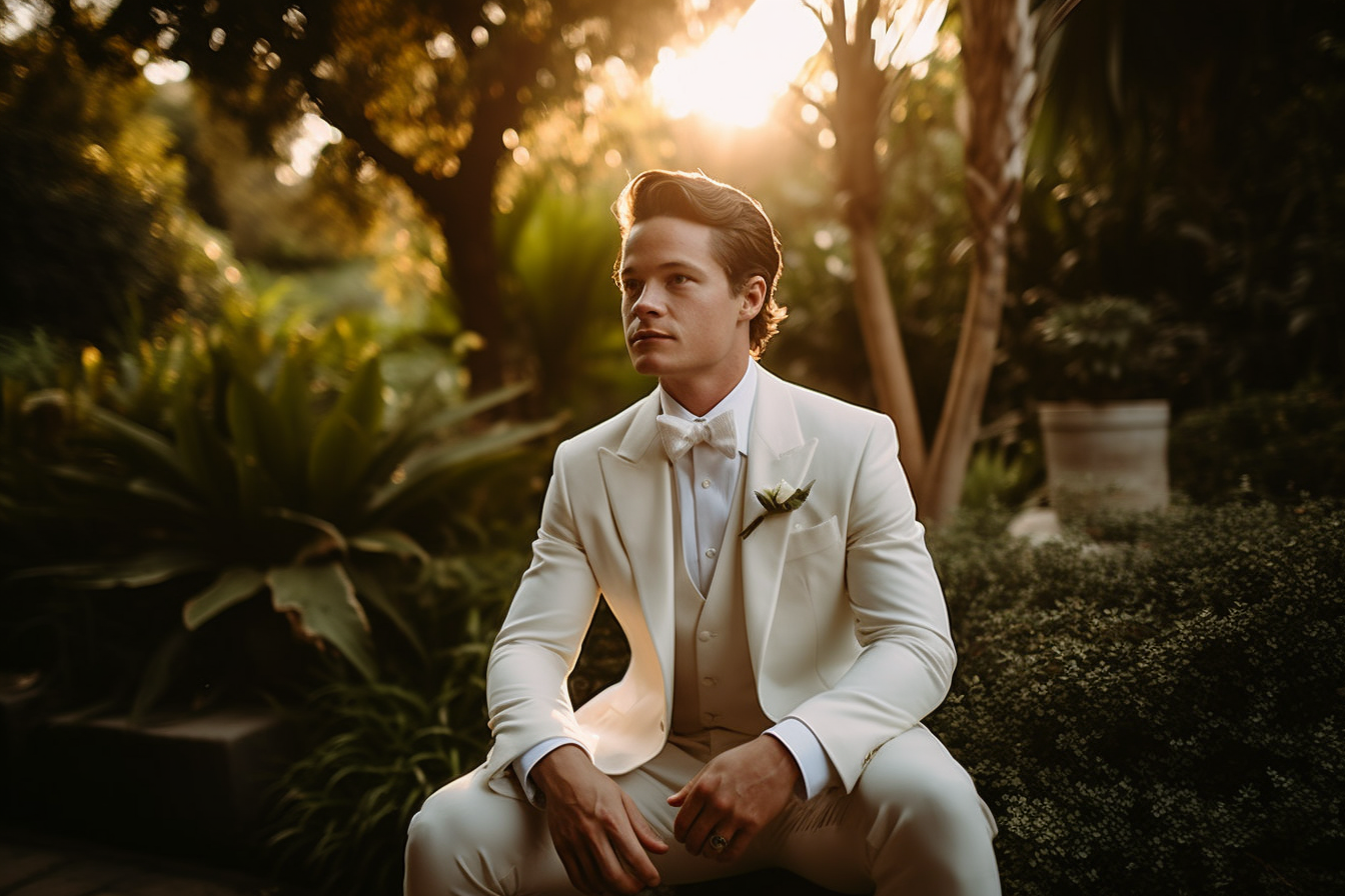 
A modern groom in a tailored white suit at a romantic outdoor garden wedding during sunset, surrounded by lush greenery and elegant floral arrangements, sharp blazer, crisp white shirt, ivory bow tie, polished black leather shoes, sophisticated and timeless wedding style, warm and inviting atmosphere