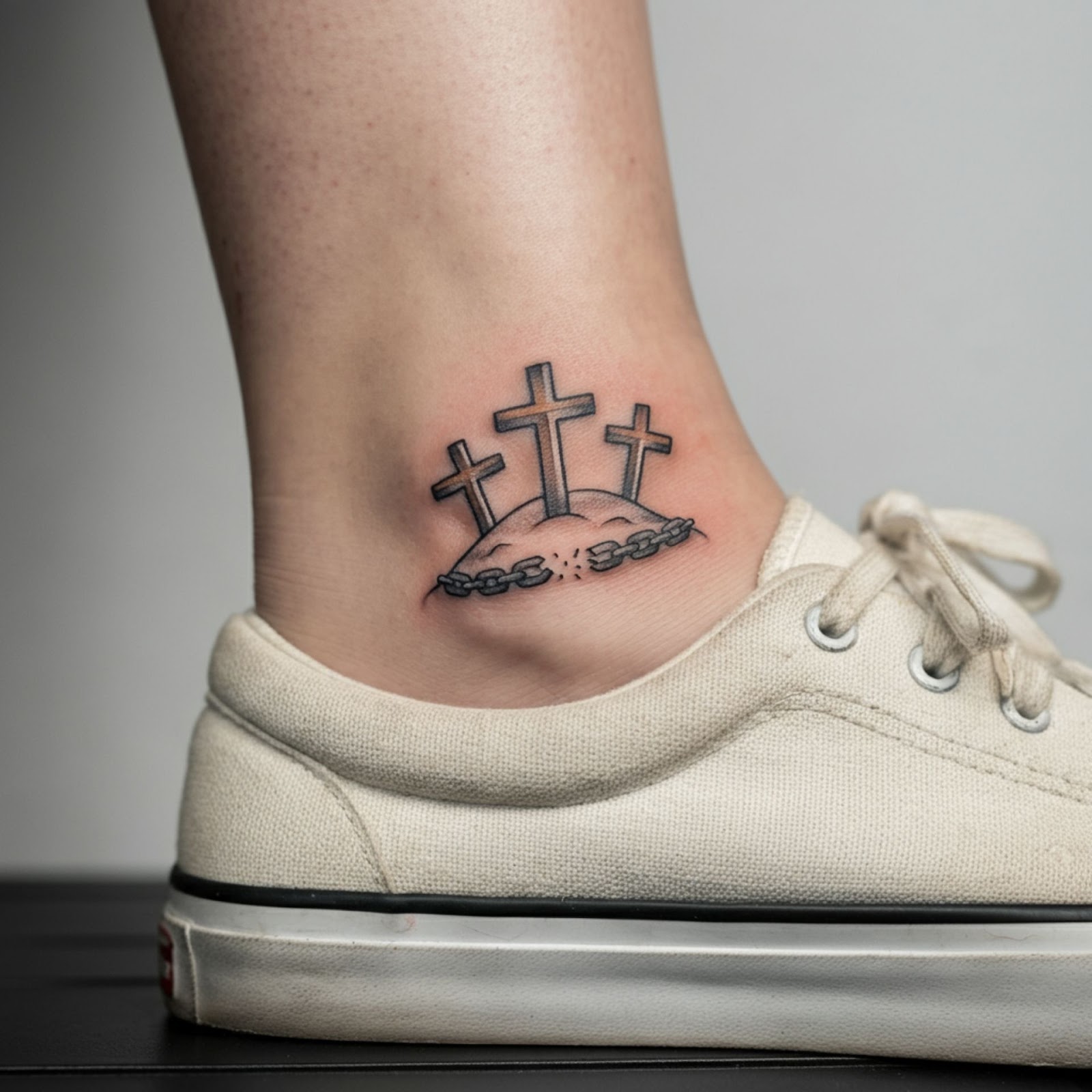 Three Crosses on a Hill with a Broken Chain Tattoo