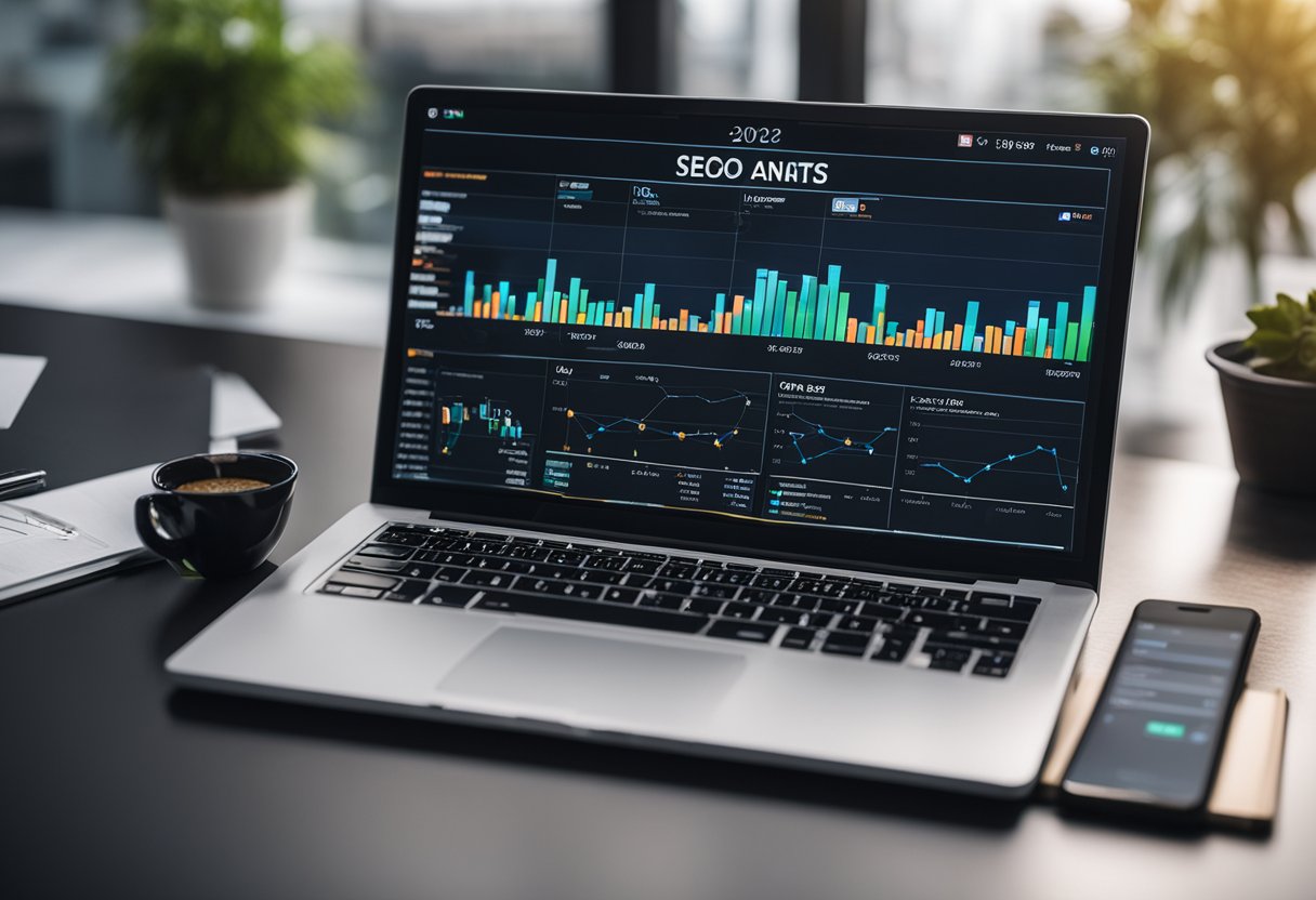 A laptop displaying various SEO analytics charts and graphs, surrounded by marketing materials and a calendar marked with the year 2025