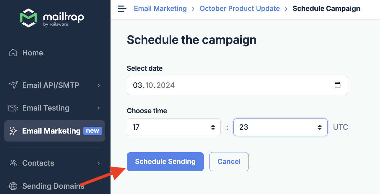 Mailtrap Email Delivery Platform campaign scheduling menu