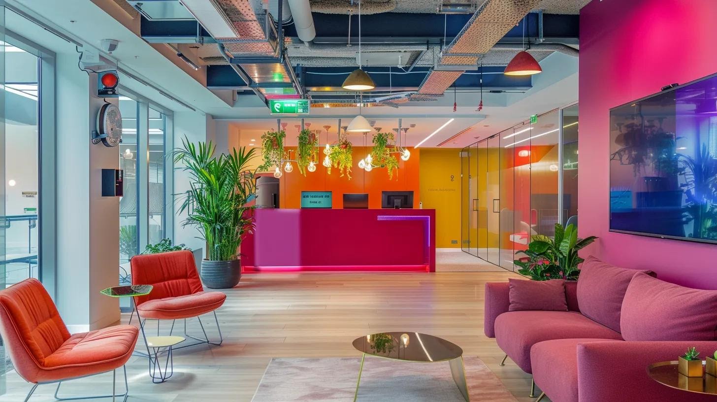 a sleek, modern office workspace showcases a diverse range of devices—laptops, tablets, and smartphones—displaying responsive web designs in vibrant colours, emphasising fluid layouts and user-focused principles that enhance brand identity and engagement.