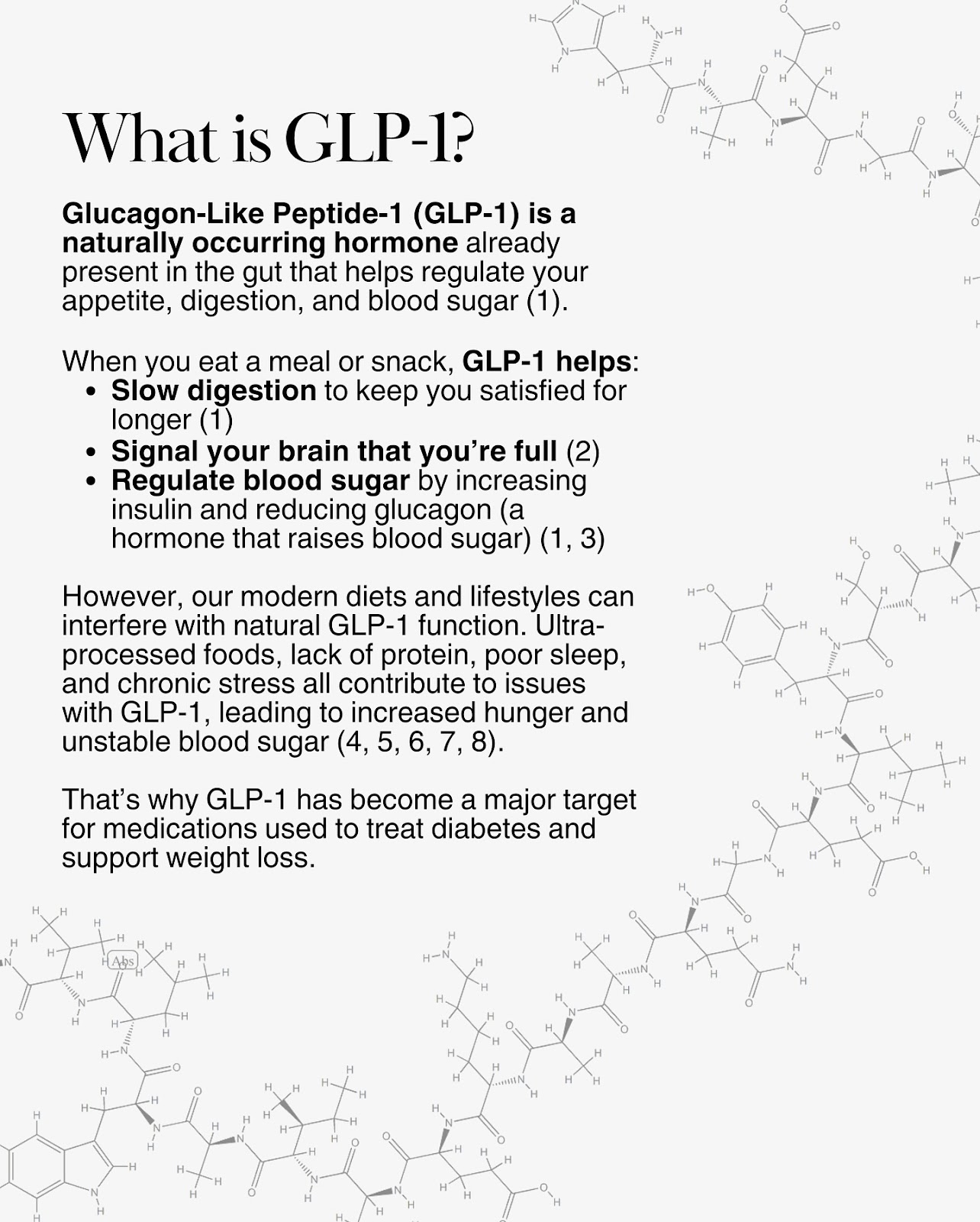 Infographic explaining GLP-1's roles: fullness, digestion, and blood sugar regulation