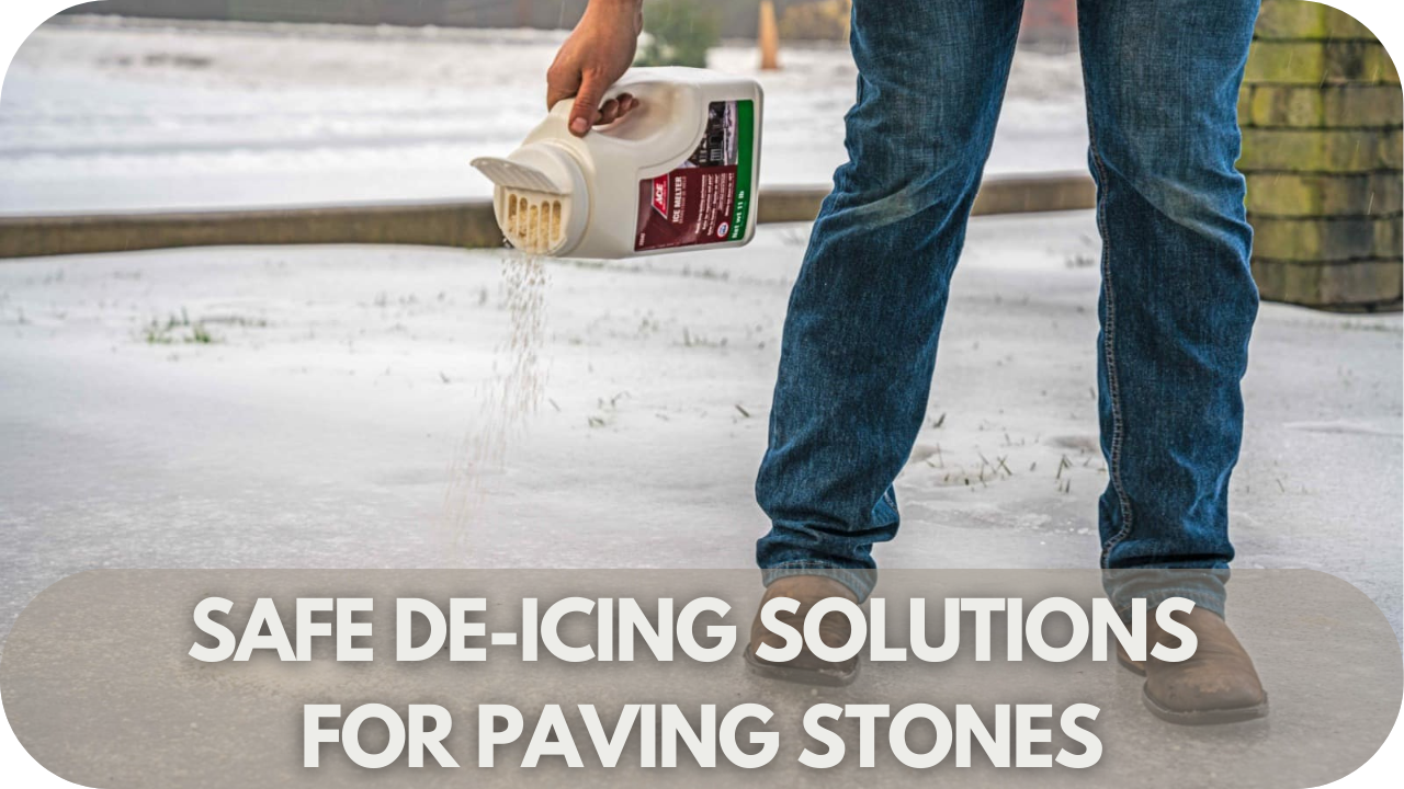 A close-up of paving stones treated with safe de-icing solutions, ensuring a clear and protected walkway.