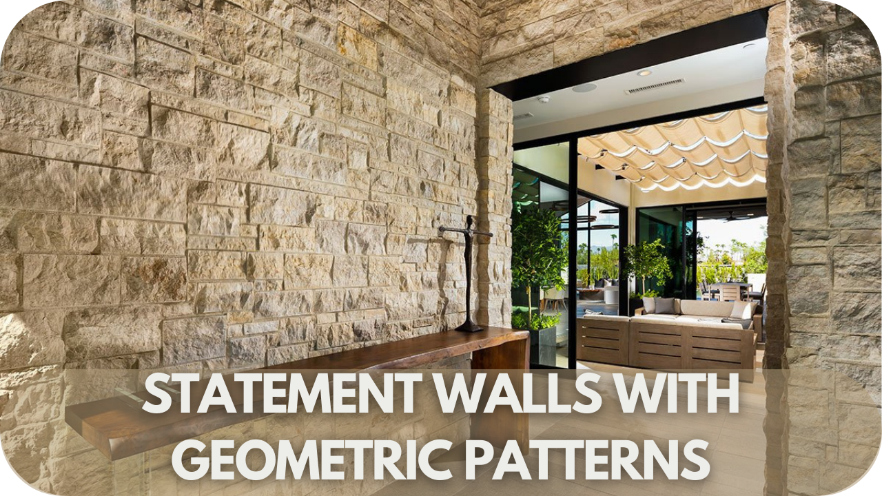 Bold statement wall with geometric stone patterns, perfect for a striking New Year renovation feature.