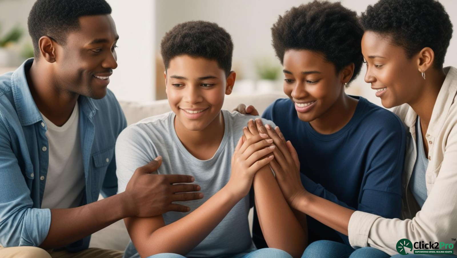 Family supporting a teen with ADHD, promoting positive communication and emotional connection.