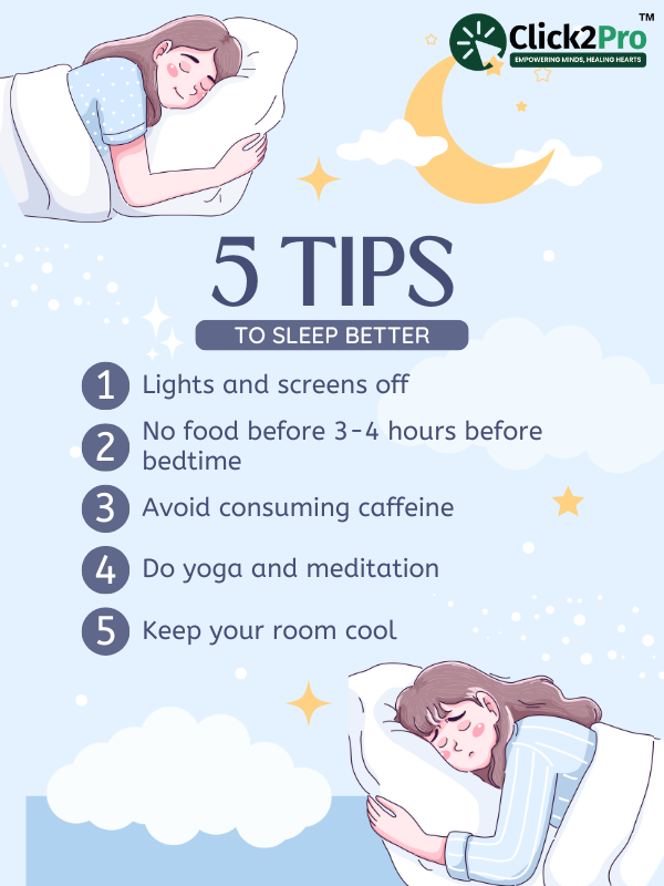 5 Tips to Sleep Better: Avoid screens, caffeine, and late meals; try yoga, meditation, and keep cool