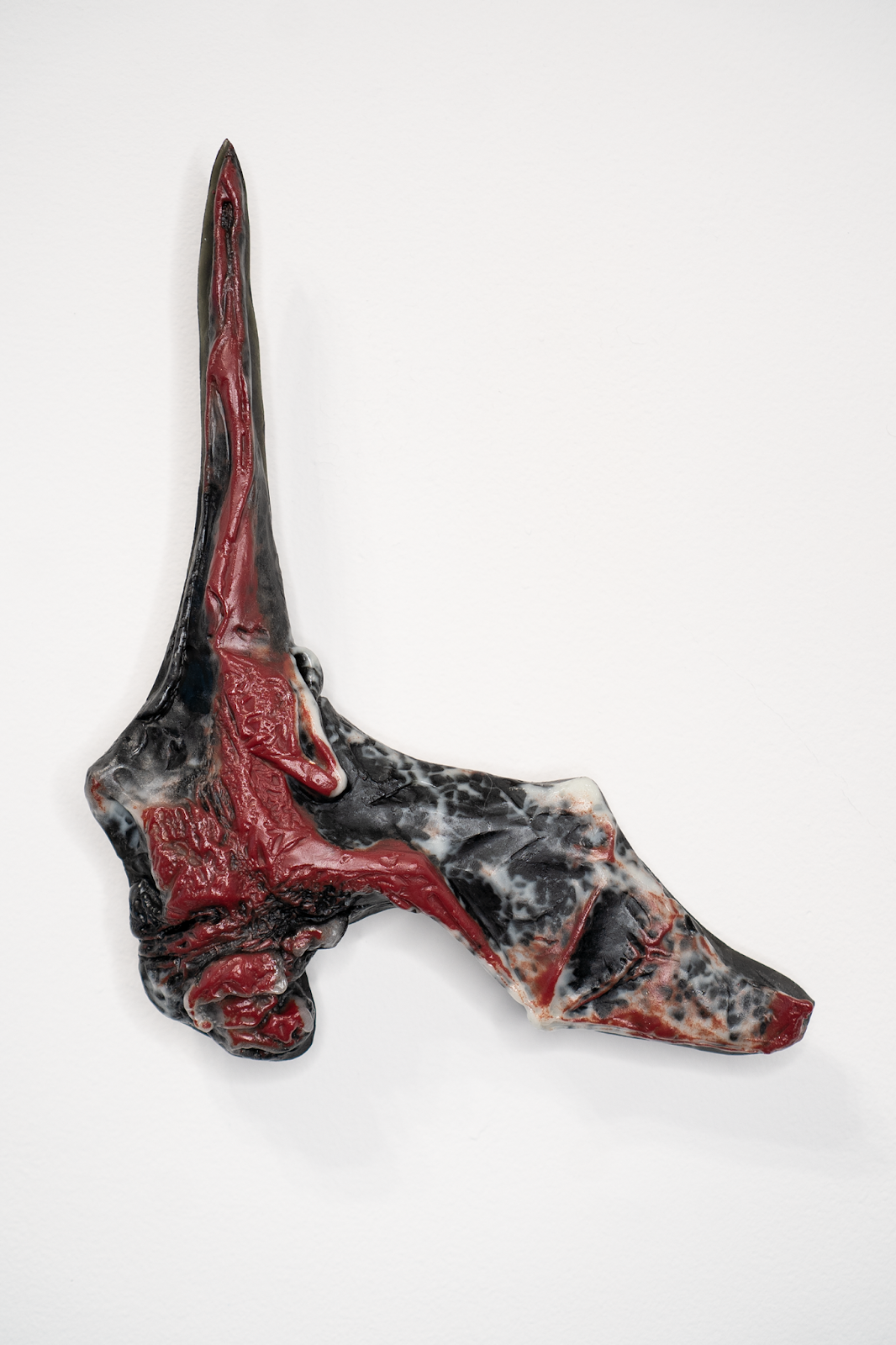 Image: D Rosne, QUEER DEITY IX (Outstretched Wing), 2023, cast glass, 11 x 9.5 x 1 in., 27.94 x 24 x 2.54 cm. A red, white, clear, and black sculpture of a Vampire Bat in cast glass rests suspended on a white wall with an outstretched wing. Photo: Levi Shand, Fabrication: D Rosen, S12, USF Verftet, Firebird Community Arts, and Andrew Bearnot, Grant: DCASE, 2024.