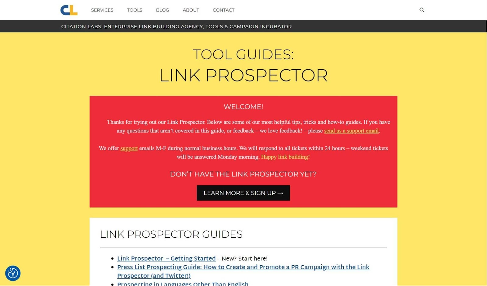 Screenshot of Citation Labs Link Prospector website