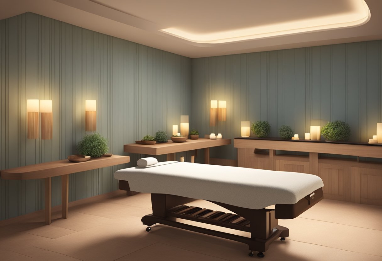 A serene spa room with dim lighting, a massage table, and soothing music. A skilled practitioner applies acupressure to a client's specific pain points for relief