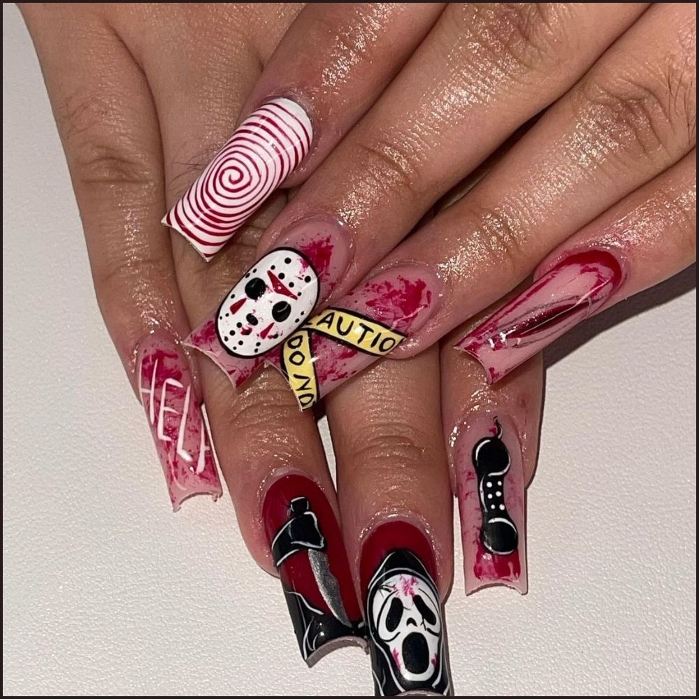 Close up of nails with spooky nails having Horror Movie Nail Art