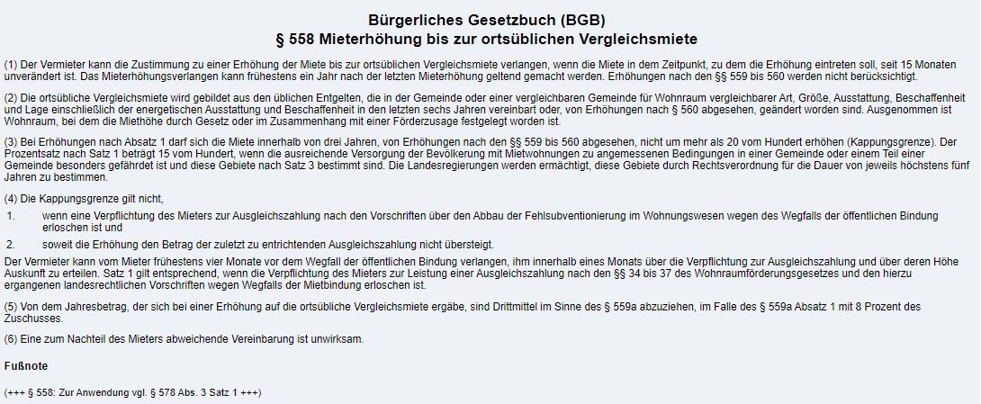 Screenshot eines wichtigen Paragraphen zum Thema Haus vermieten aus dem BGB zur Mieterhöhung bis zur ortsüblichen Vergleichsmiete.