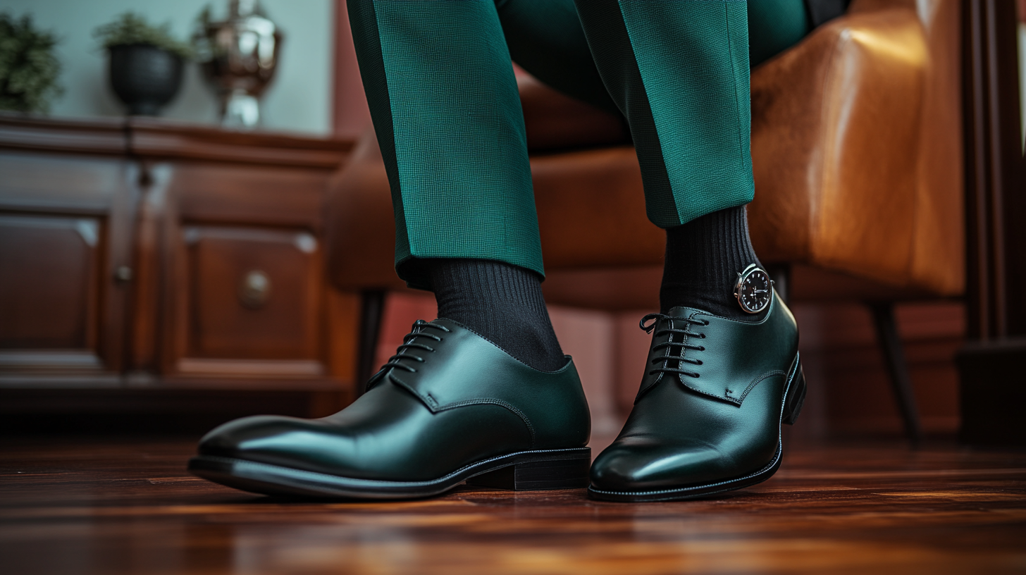 
A stylish man in a deep forest green suit, paired with sleek black leather Oxford shoes. The suit is well-fitted, complemented by a crisp white dress shirt and a black tie. Accessories include a simple white pocket square and a silver watch. The polished black leather shoes add a formal and refined touch, perfect for an elegant setting. The background is a classic indoor setting with soft lighting highlighting the details of the outfit and shoes.