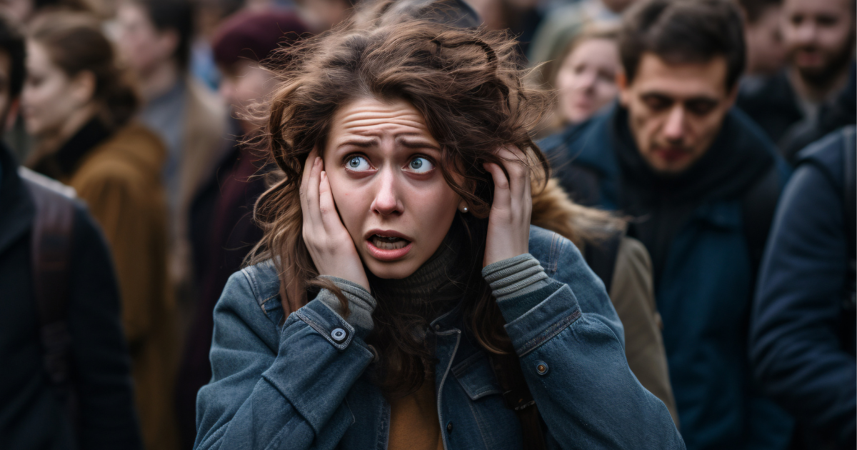 A distressed woman stands in a crowded area, clutching her head with wide, panicked eyes and furrowed brows, as if trying to block out overwhelming noise or pressure. This moment mirrors how narcissists spiral internally when exposed; not by confrontation, but by clarity they can’t twist in their favor.