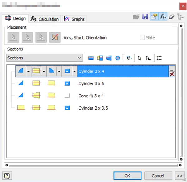 Dialog box showing Section panel of a Design tab. Other tabs are Calculation and Graphs.