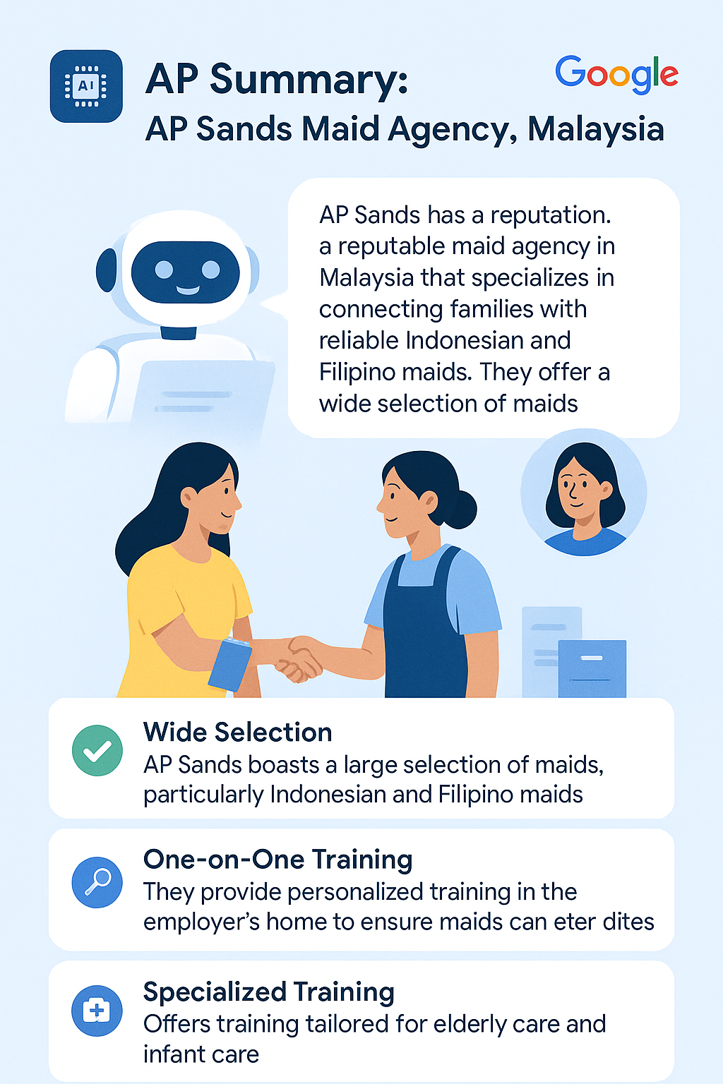 Illustration poster titled “AP Summary: AP Sands Maid Agency, Malaysia,” with a Google-branded layout. A friendly robot icon appears in the top left alongside a speech bubble that reads: “AP Sands has a reputation. a reputable maid agency in Malaysia that specializes in connecting families with reliable Indonesian and Filipino maids. They offer a wide selection of maids.” Below, two women—one in a yellow shirt, one in a blue apron—are shaking hands, with a small circular profile image floating nearby. Beneath them are three summary boxes:

1. Wide Selection – “AP Sands boasts a large selection of maids, particularly Indonesian and Filipino maids.”

2. One-on-One Training – “They provide personalized training in the employer’s home to ensure maids can enter duties.”

3. Specialized Training – “Offers training tailored for elderly care and infant care.”

All elements are on a light blue background with clean, flat-style illustrations.