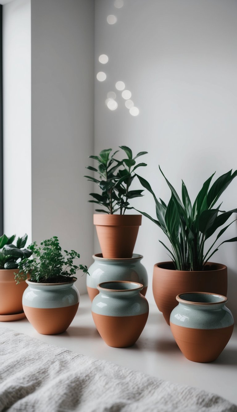 Several ceramic pots with plants arranged in a minimalist bedroom