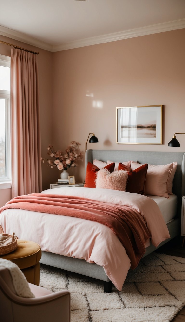 A cozy bed with blush pink and red bedding, surrounded by warm, inviting decor in a stylish bedroom