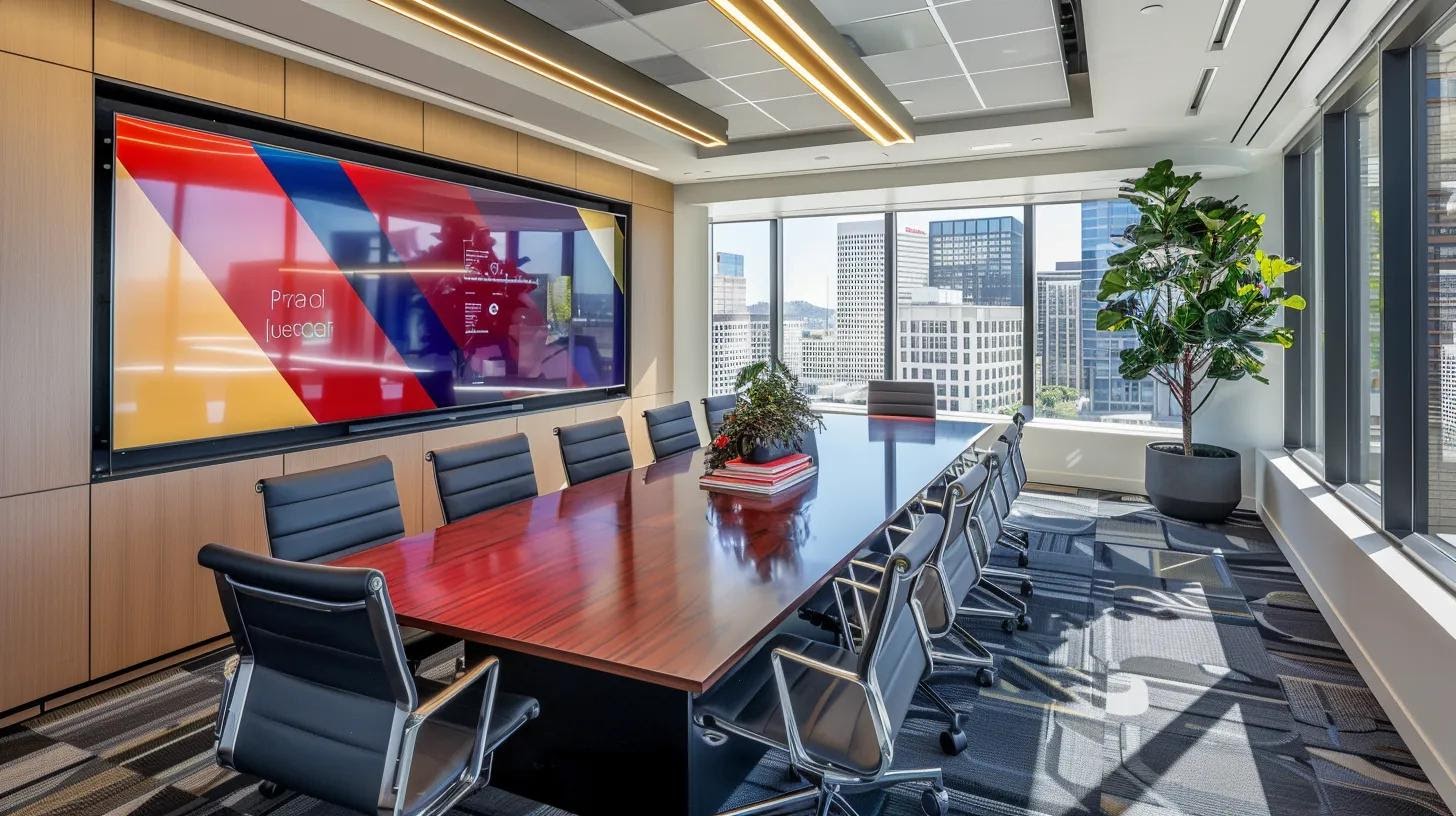 in a sleek, modern office, a large digital screen displays vibrant brand guidelines while diverse team members collaborate around a sleek conference table, embodying uniformity and cohesion in brand representation.