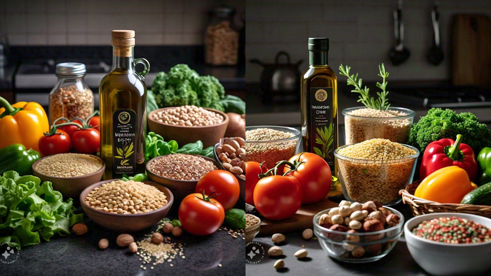 A selection of Mediterranean diet staples including olive oil, whole grains, fresh vegetables, nuts, and legumes arranged on a kitchen counter.