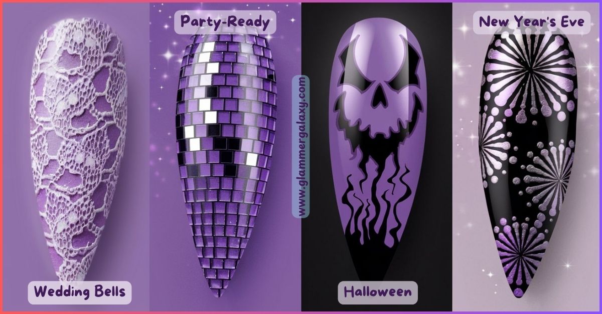  Four purple-themed nail art designs for special occasions, including wedding and Halloween.