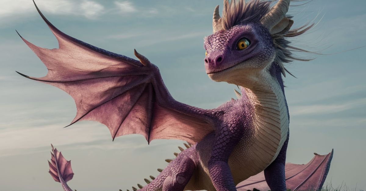 Amethyst Dragon Wyrmling perched on a cliff, gazing at the horizon, embodying the spirit of adventure in "How to Train Your Dragon 3.