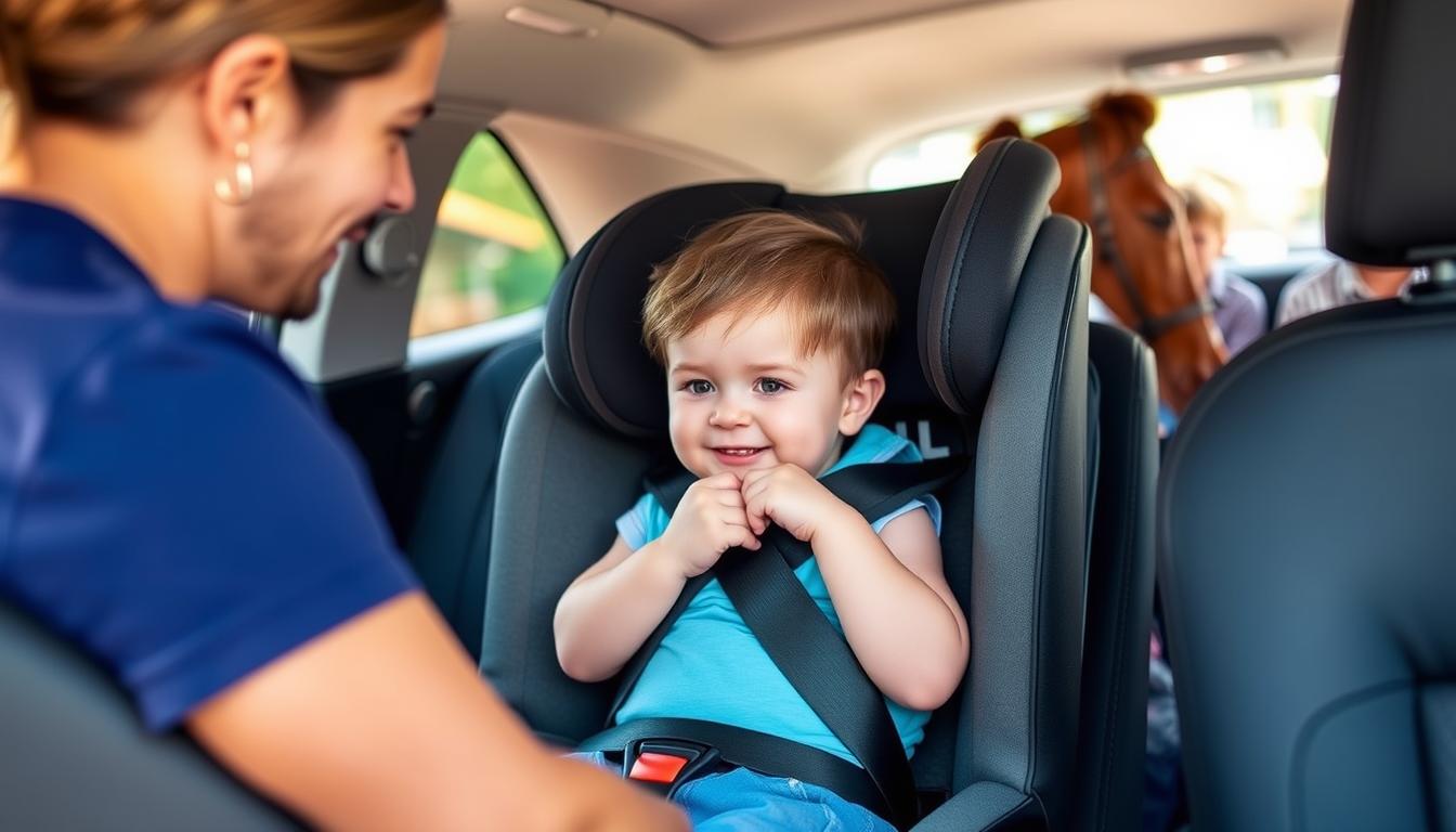 Parent securing child safely in rear-facing car seat