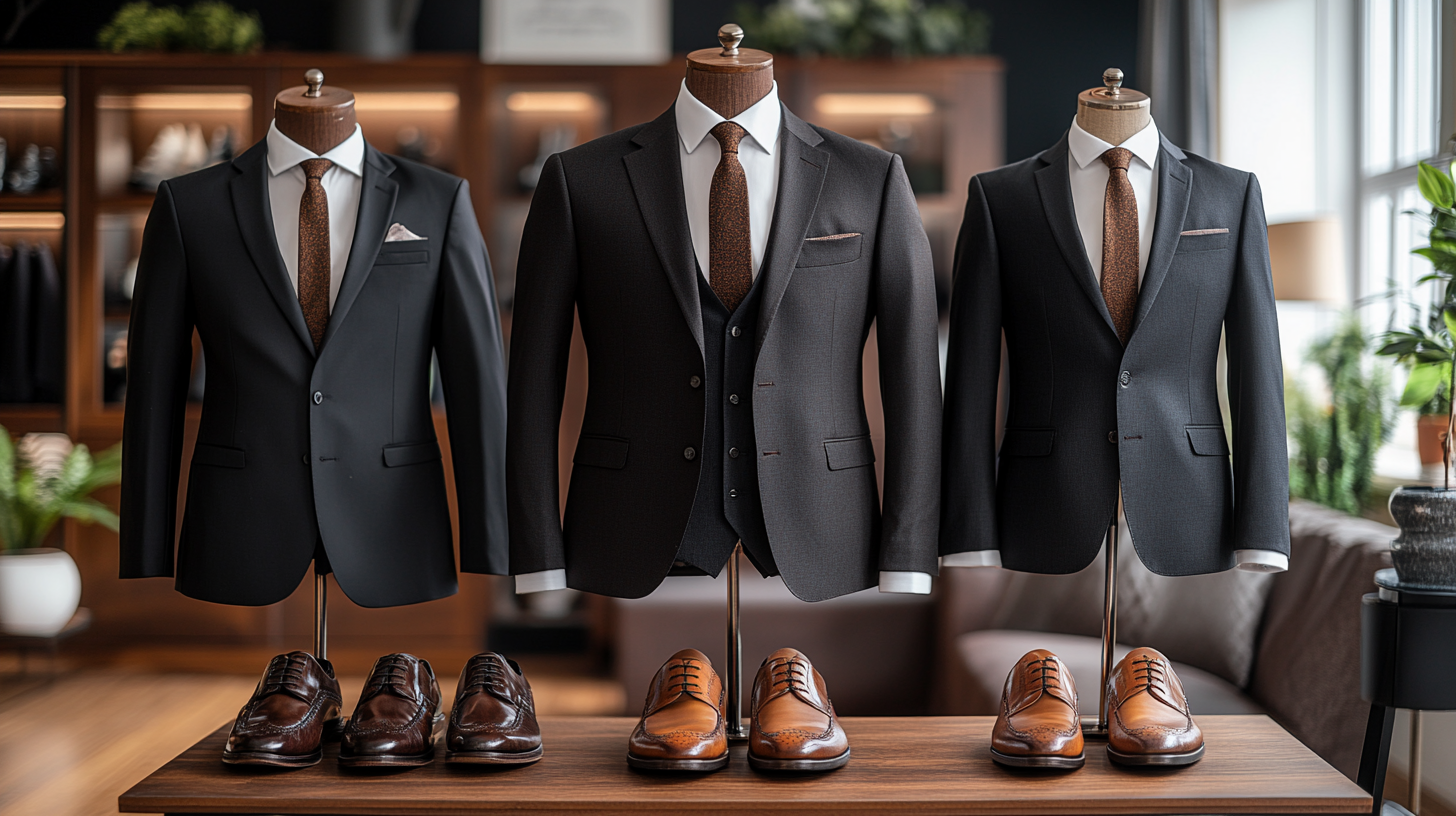 Stylish black suit with brown shoes, elegant and modern. Timeless black suit paired with sleek brown shoes, sharp and polished look for any formal occasion. Crisp white shirt, bold navy tie, subtle brown belt for a cohesive, balanced appearance. Showcasing both formality and contemporary style. Perfect for weddings, formal dinners, and semi-casual events. Focus on clean, refined aesthetic with subtle yet impactful color contrast.