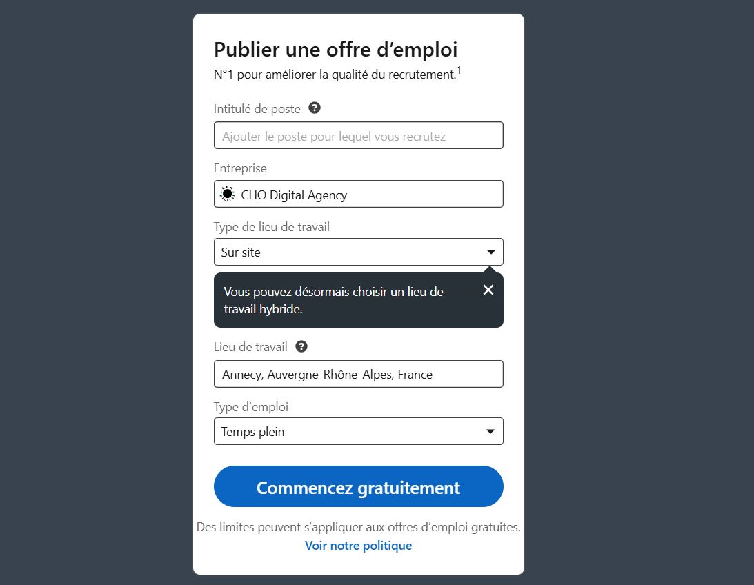 Post a job offer on LinkedIn