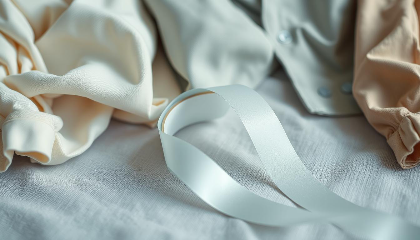 A close-up view of a roll of fashion tape, elegantly unrolled on a textured fabric background, showcasing the tape's glossy texture and adhesive surface. Surrounding the tape are various styled garments with subtle wrinkles or gaps, highlighting how the tape can seamlessly hold fabrics in place. Soft, natural lighting enhances the colors and details of both the tape and the clothing, creating an inviting atmosphere that emphasizes versatile styling solutions.