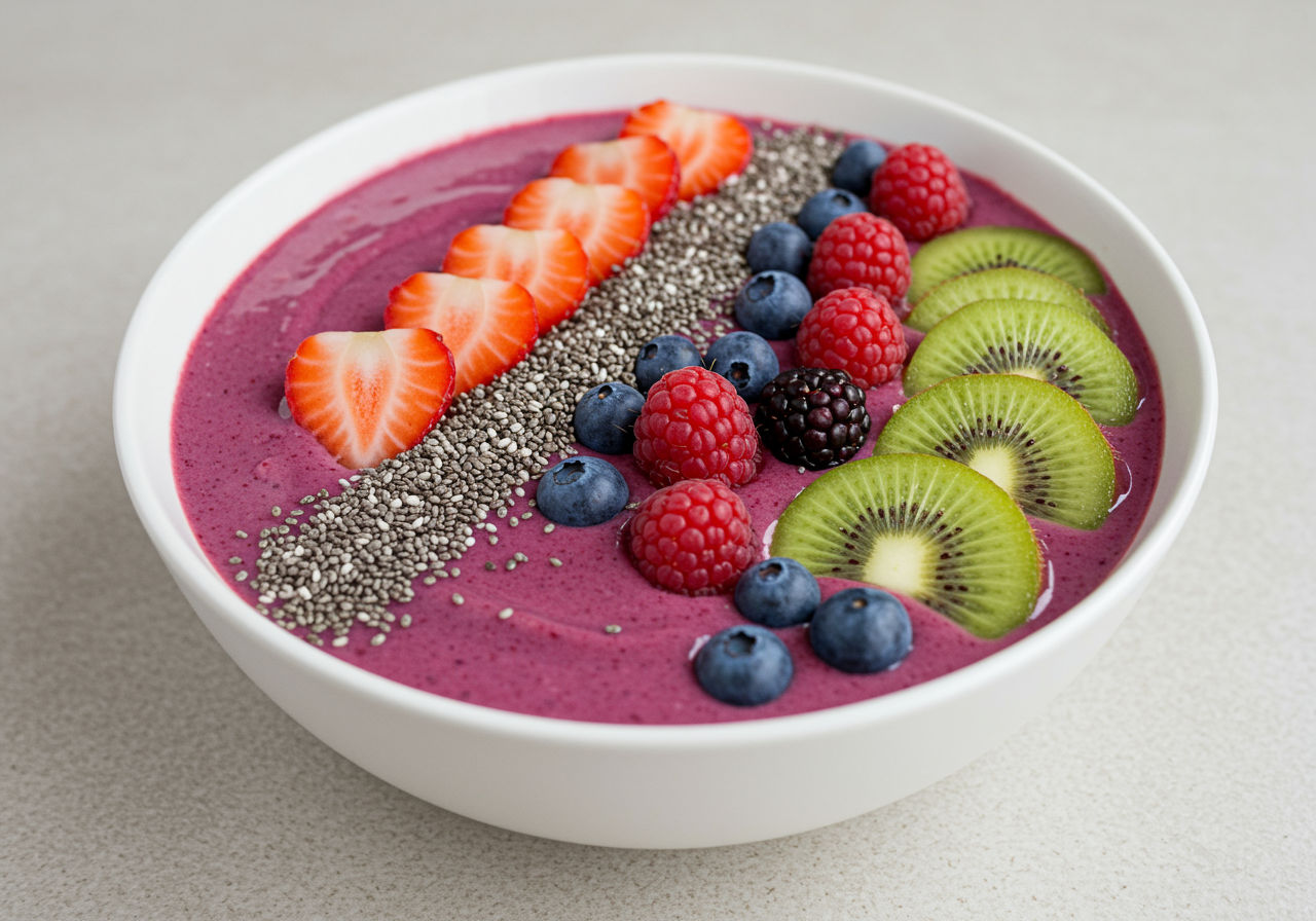 A photorealistic shot capturing a vibrant, colorful smoothie bowl topped with a variety of fresh berries, sliced kiwi, and a sprinkle of chia seeds. The smoothie should have a rich, creamy texture and be served in a white bowl against a light background.