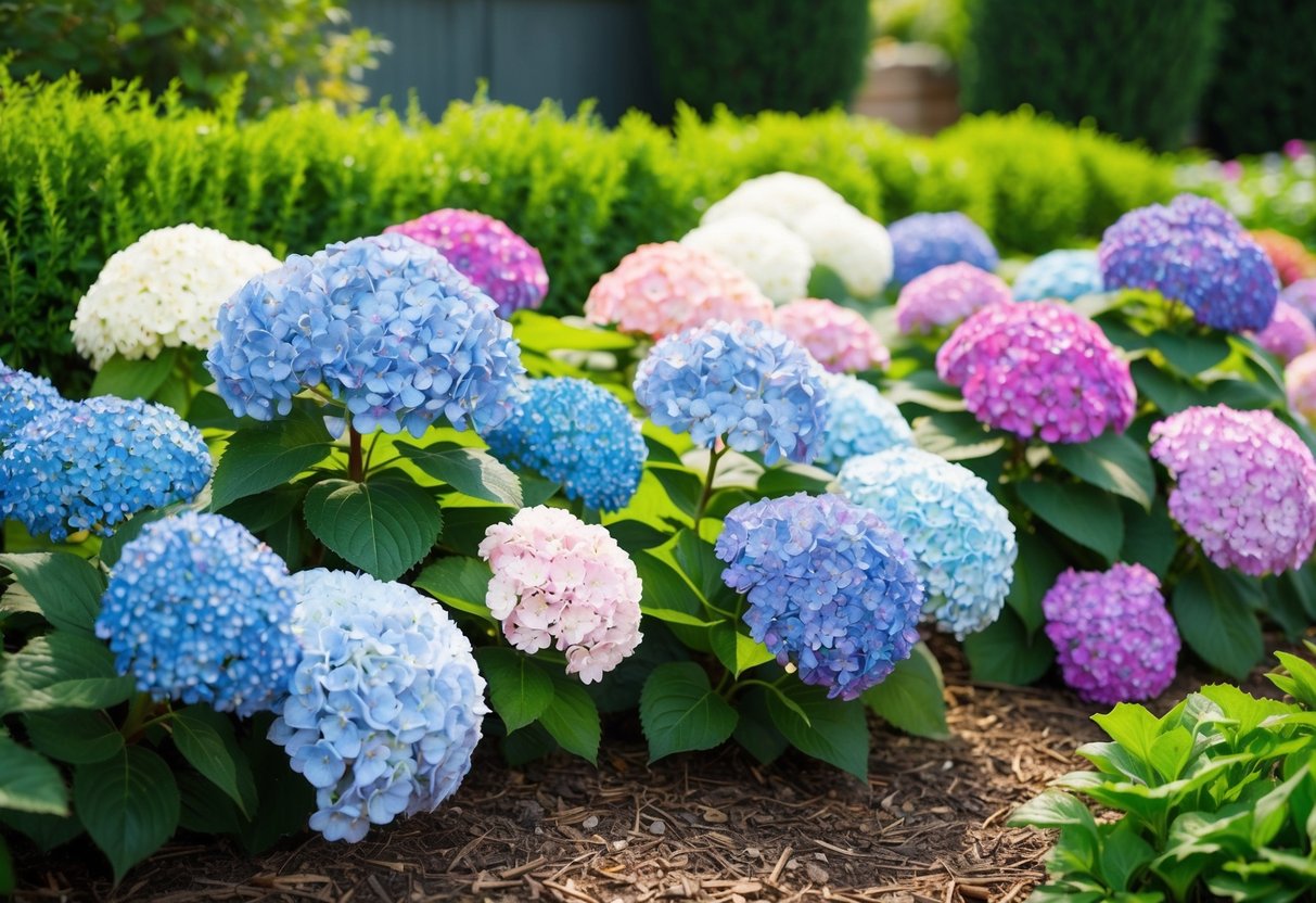 A colorful garden bed filled with lush hydrangeas in various shades of blue, pink, and white, surrounded by neatly trimmed greenery and mulch