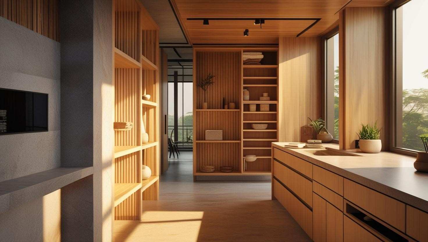 Bangalore apartment interior showcasing climate-appropriate materials, vertical storage solutions, and cultural elements integrated into modern design
