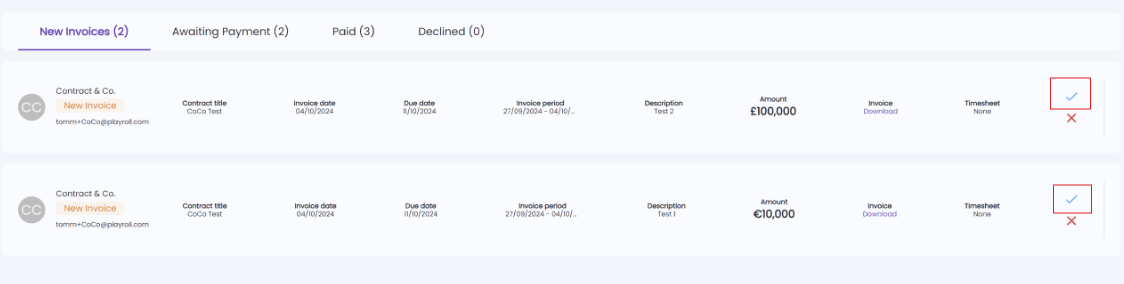 Action icons for approving or declining invoices