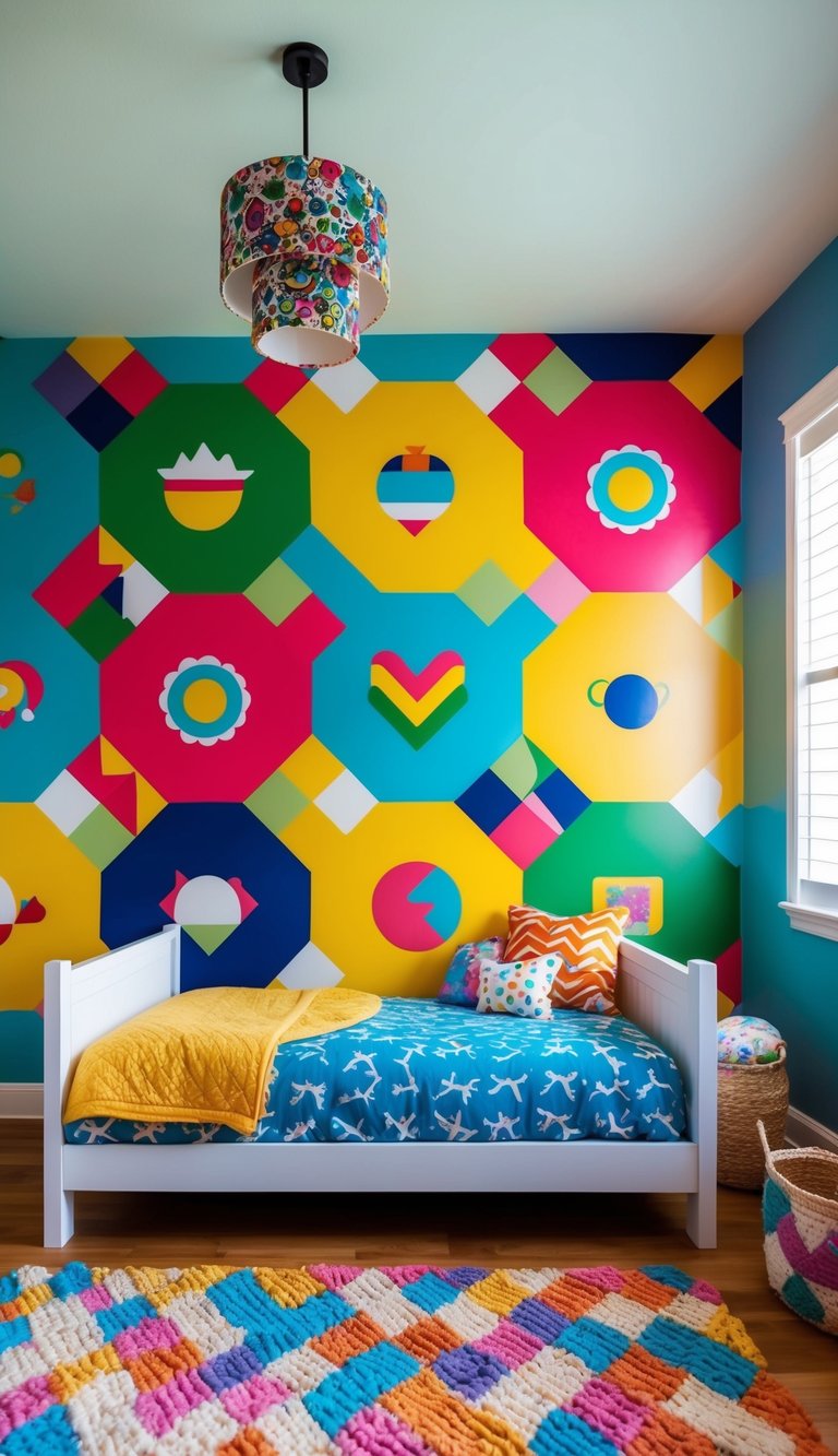 A vibrant wall mural fills a kids' bedroom with playful and colorful designs