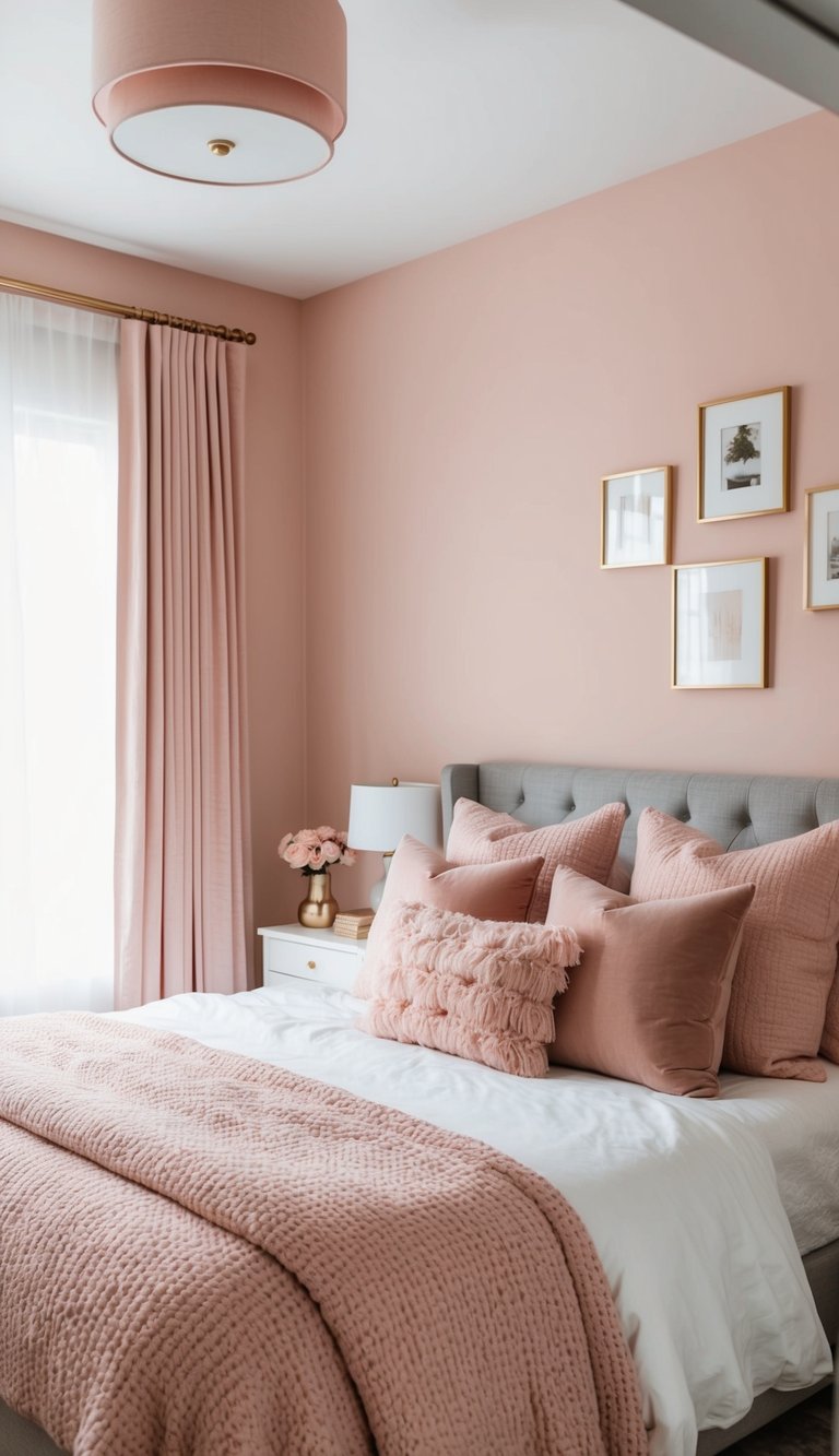 A cozy bedroom with a blush pink accent wall, soft lighting, and 22 pink decor ideas