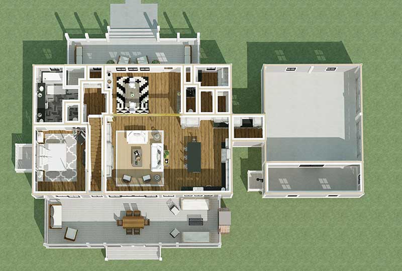 3D main level floor plan of the two-story 4-bedroom farmhouse.