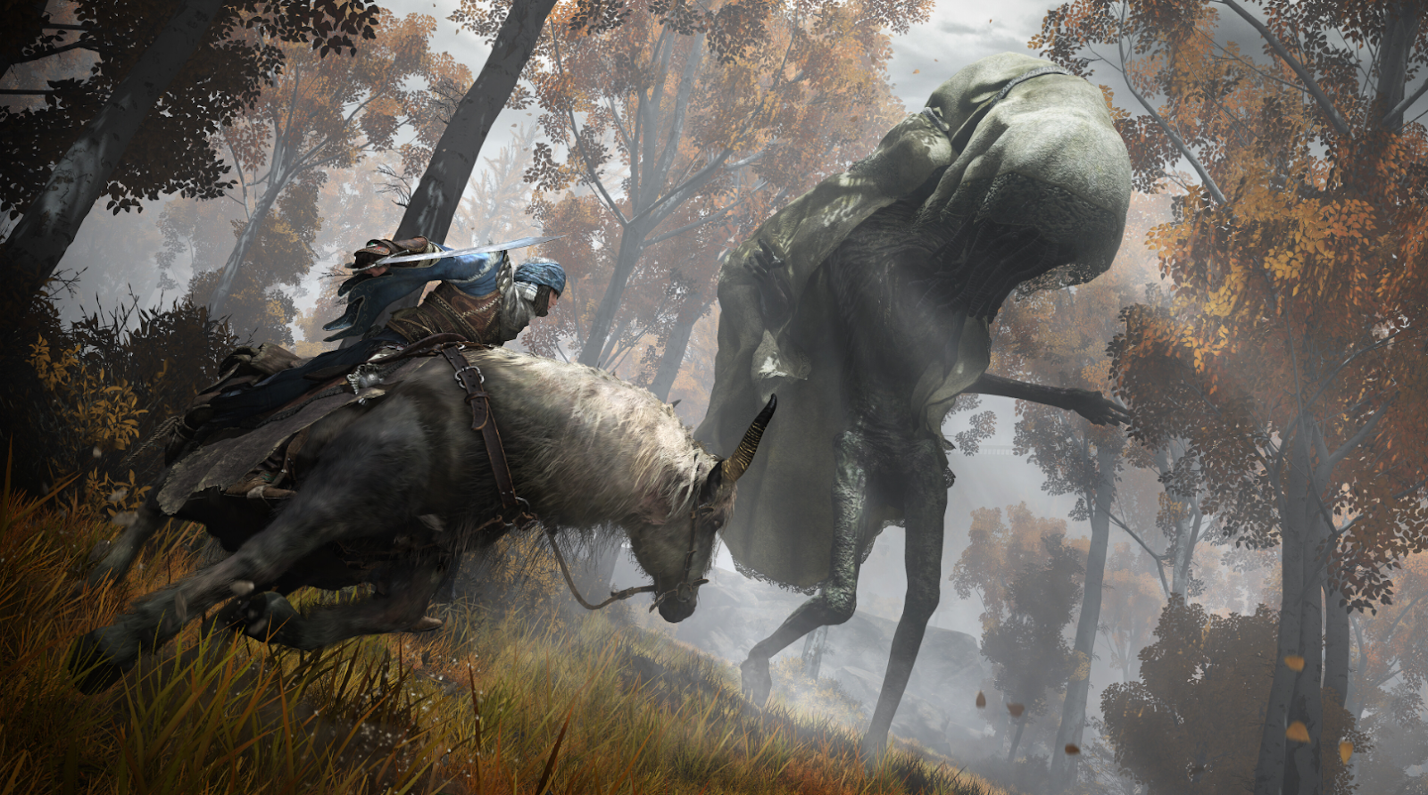 A man on a horse fighting with a monster in Elden ring