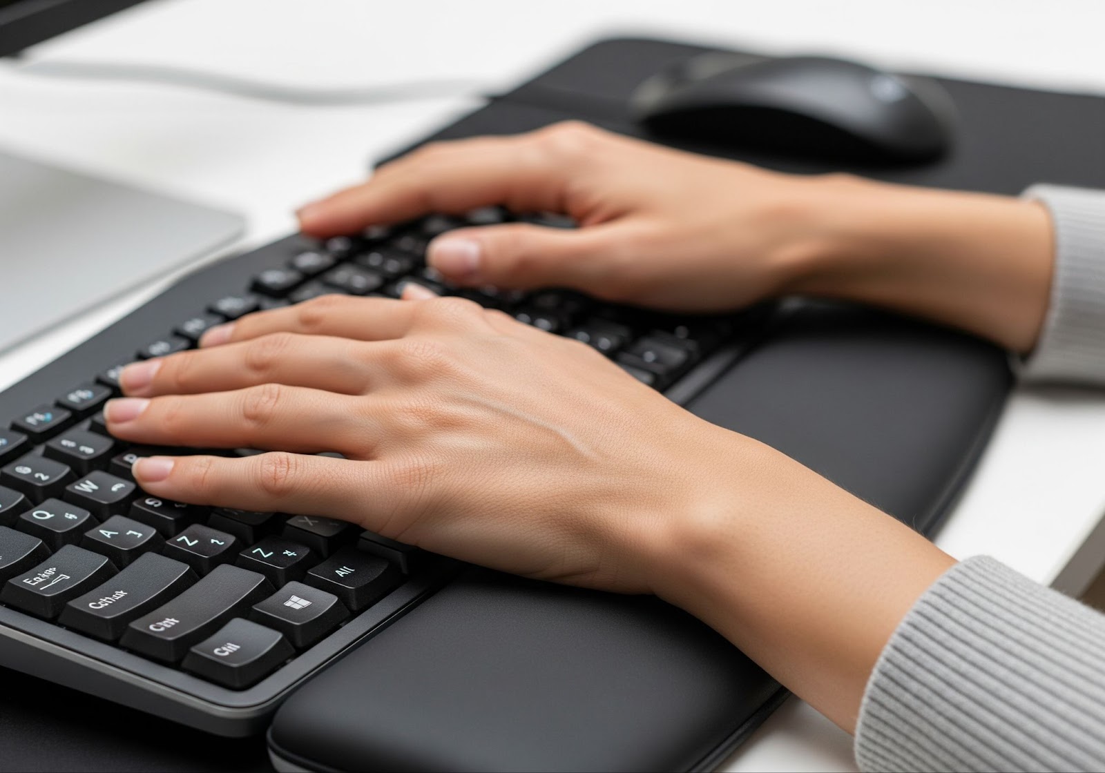 A close-up showing the correct neutral wrist position for typing, a key part of proper ergonomic keyboarding techniques. 