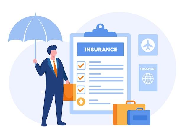 Travel insurance concept protection safe business trip traveler vacation airplane accident policy flat vector banner for landing page website