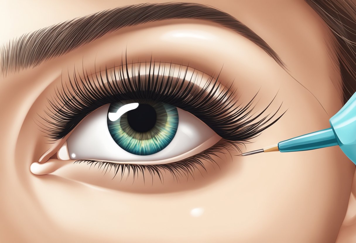 A close-up illustration of an eye with eyelashes being applied, while a small amount of lash glue is being tested on the skin for allergic reactions