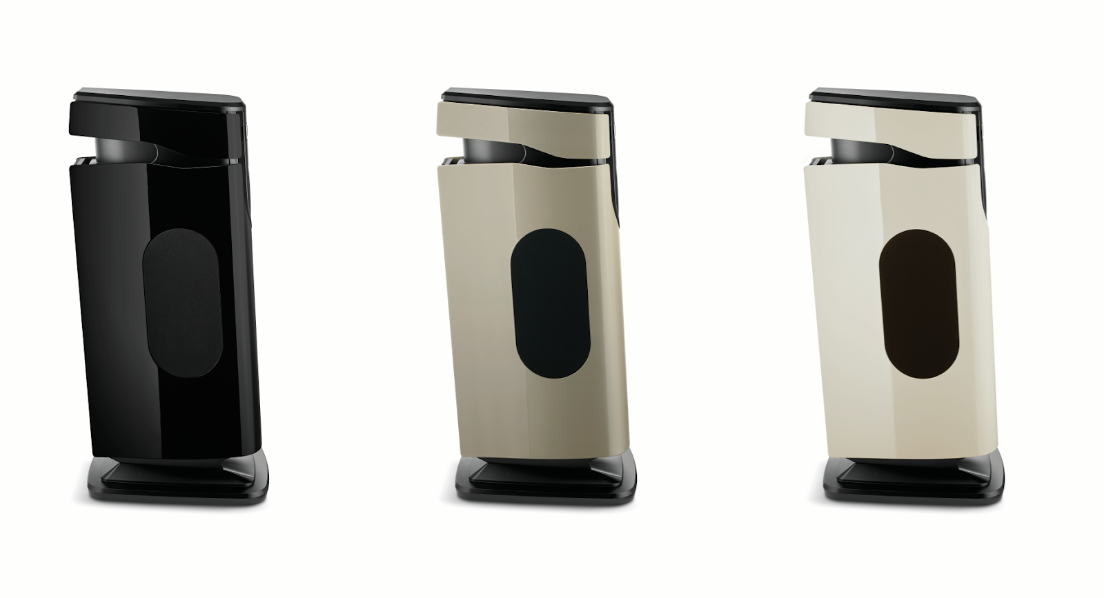 Focal Diva Utopia speakers side view in three new finishes: Black High Gloss, Dune High Gloss, and Off White High Gloss.
