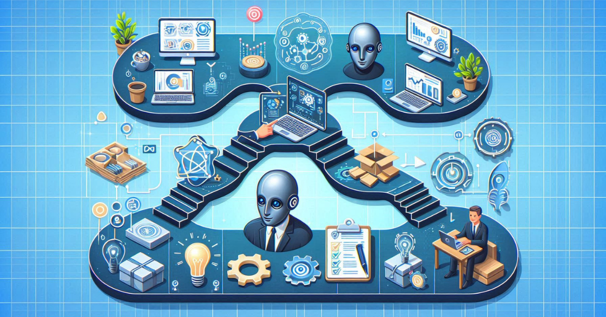 Illustration of AI integration in business, showcasing robots, data analysis, and workflow automation in a business setting.