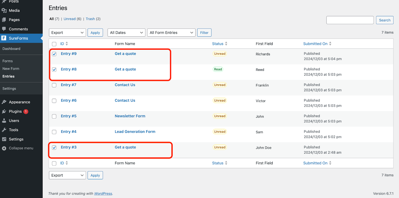 select multiple entries of the same form