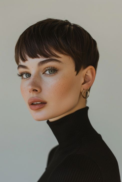 a lady rockign a short hairstyle with baby bangs