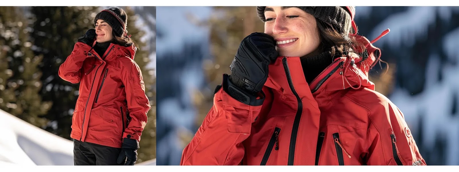 a female backcountry skier trying on a perfectly fitting ski jacket, with tailored sleeves and comfortable glove fit, against a snowy mountain backdrop.