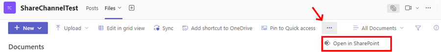 The "Open in SharePoint button is indicated on the Teams Toolbar.