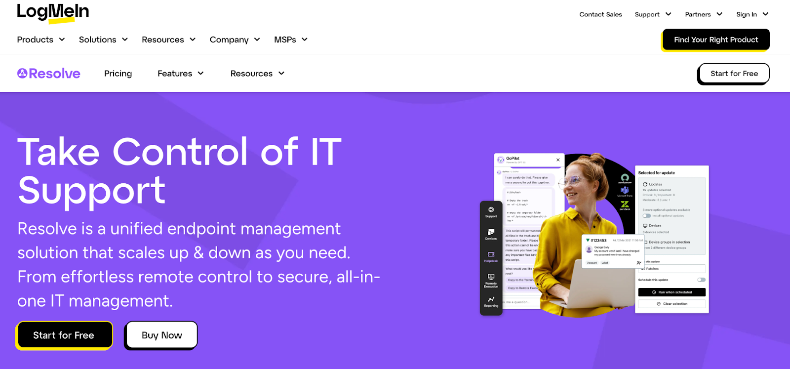 LogMeIn homepage picture. It says, "Take control of IT Support."