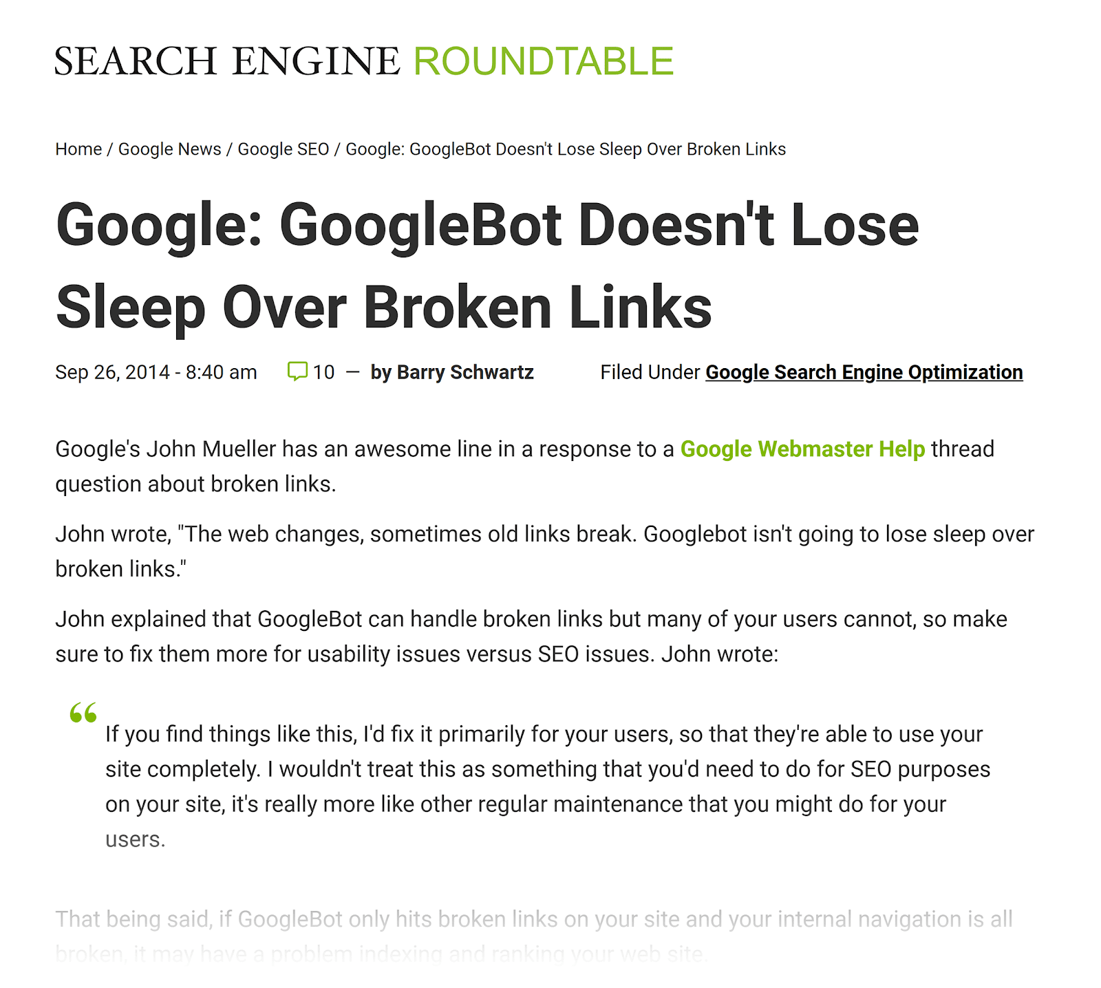 SERoundtable – Google broken links
