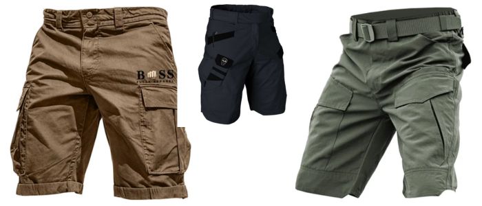 A multi-panel image displaying three different styles of men's cargo shorts: brown, dark blue, and olive green.