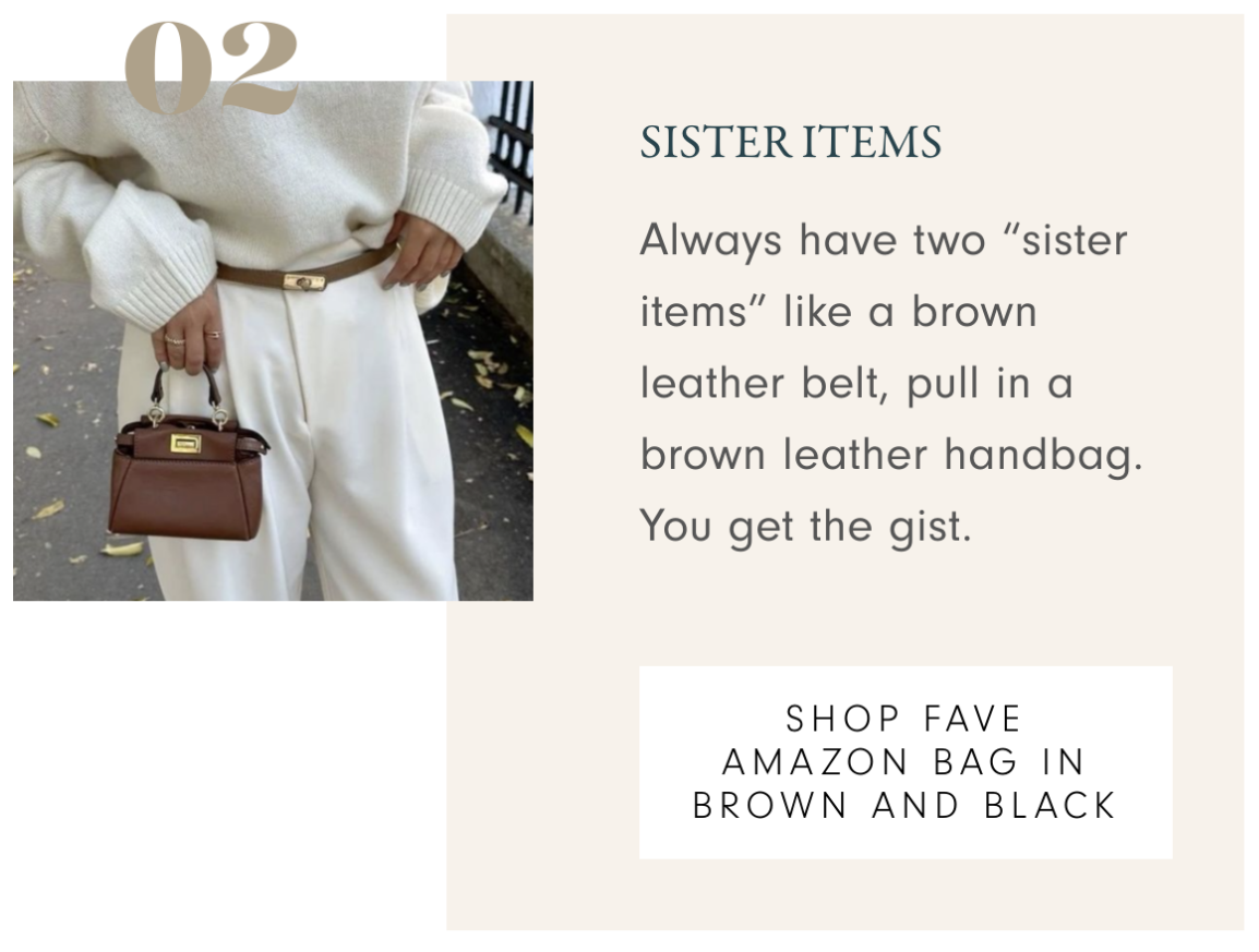 Graphic showing two sister items - a fashion hack for women - including a brown leather belt and brown leather handbag that match to pull an outfit together for women over 40